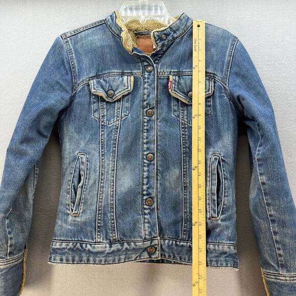 Levi's XX Jacket Women's M Blue Sherpa Lined Denim Jacket Band Collar Vintage - Picture 10 of 11